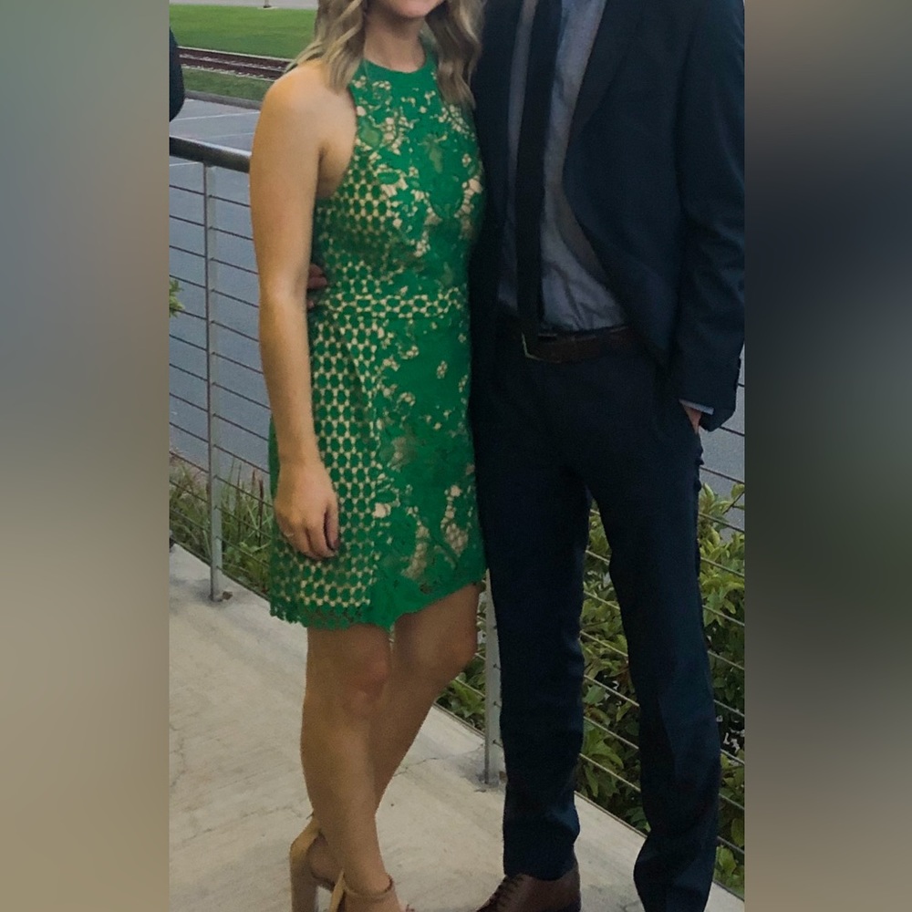 Vici Collection Kelly Green Lace Mini Dress with Nude Underlay